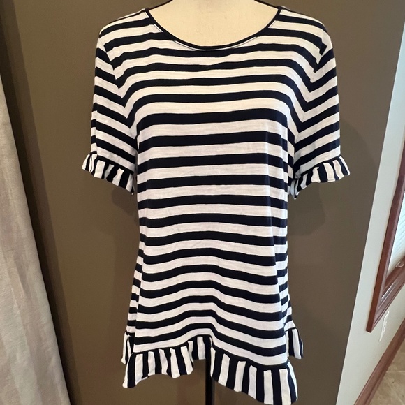 Talbots Ruffle Blue & White Striped Short Sleeve Cotton Top, Size XL - Picture 1 of 13